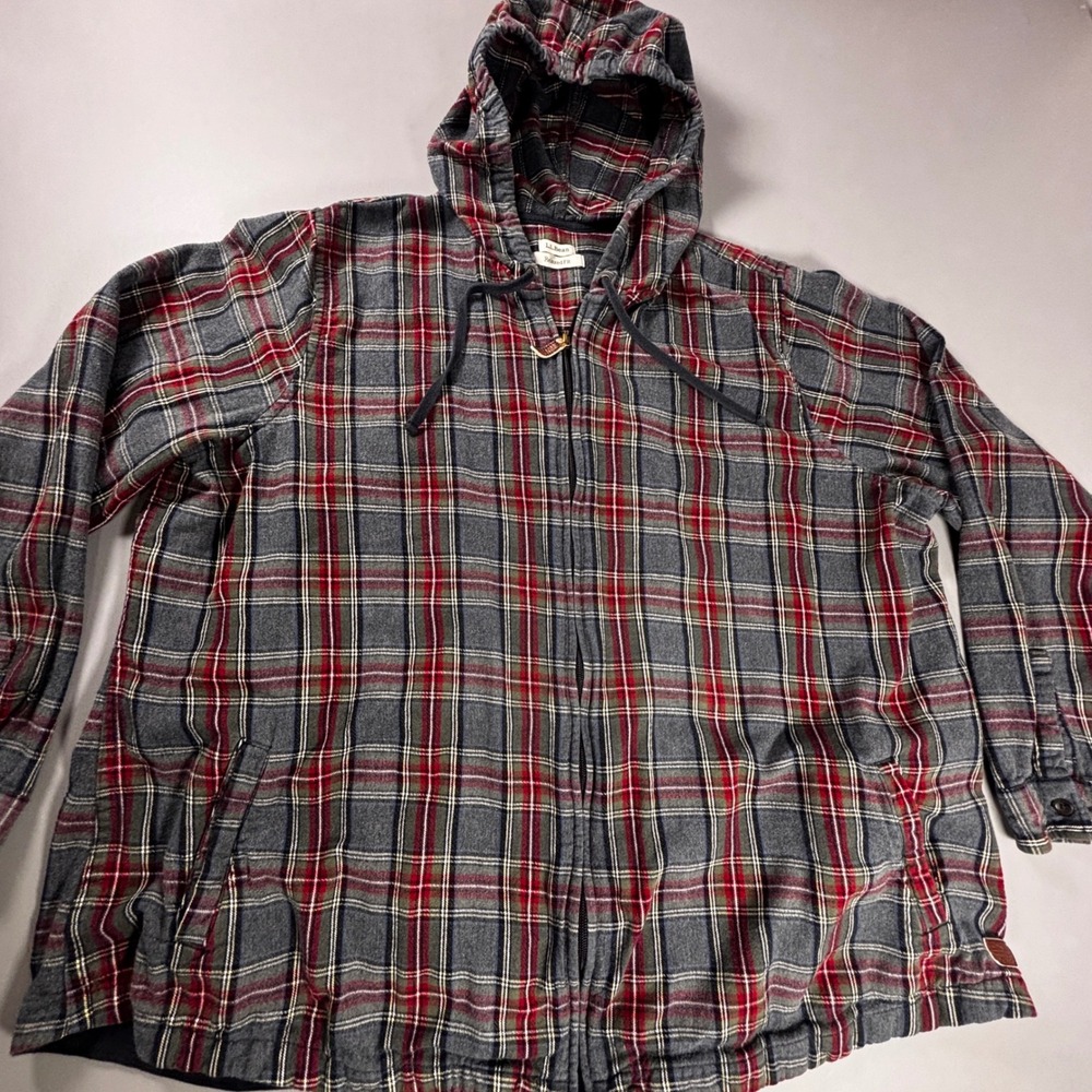 LL Bean Flannel‎ Hoodie Jacket Mens XL Plaid Full Zip Cotton Relaxed Fit Outdoor